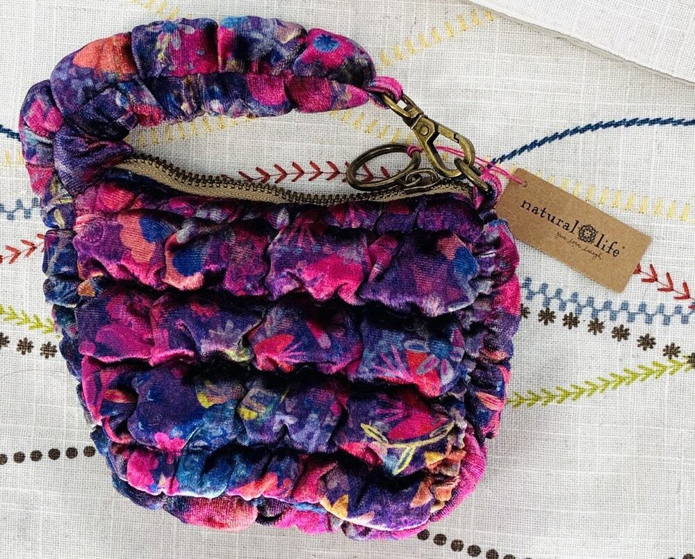 Natural Life NWT Puffy Velvet Floral Mini Bag Wristlet Ruffle Boho Purple Pink
